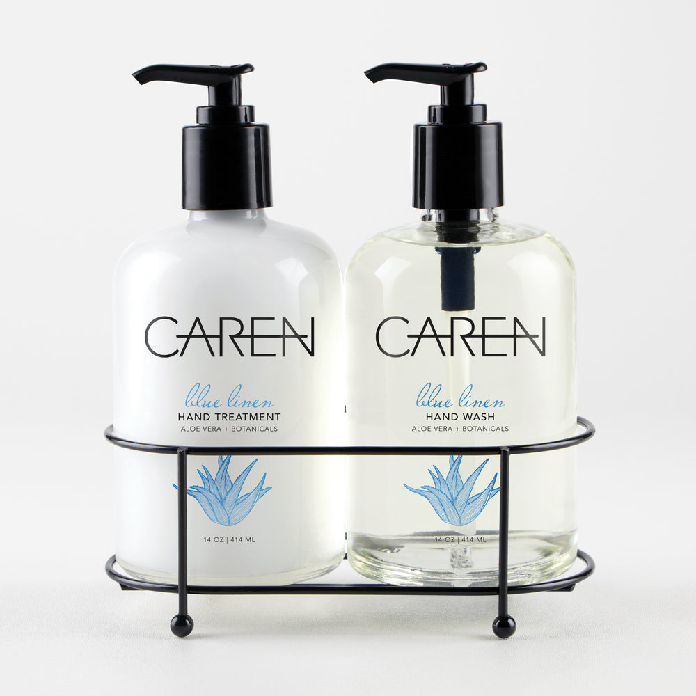 Caren Sink Set Duo - Blue Linen 14 oz Glass Bottles
